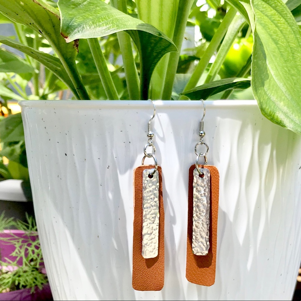 Handmade leather and hammered metal earrings
